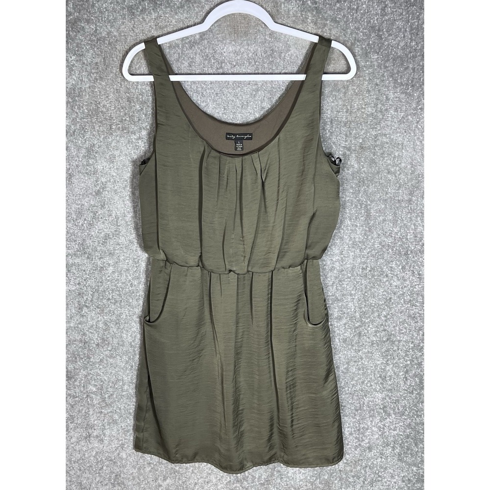 VTG Y2K City Triangles Pleated Dress Womens Sz L Olive Green Pockets Scoop Neck